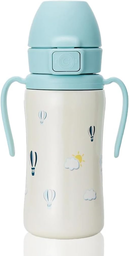 GROSMIMI Stainless Steel Baby Straw Cup, Insulated Spill-Proof Sippy Cup with Carry Strap & Flip-Top for Toddlers 12+ Months, Bite-Resistant Silicone Straw, BPA-Free, Stage 2, 10oz (Air Balloon)