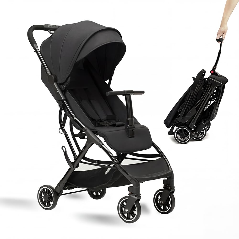 COOL KIDS Portable Stroller with Automatic Fold，Lightweight Umbrella Stroller with Pop Out Sun Canopy，Compact Strollers for Travel(Black) | Need an airplane approved toddler stroller? Slide folded black pram like rolling luggage through airport security.
