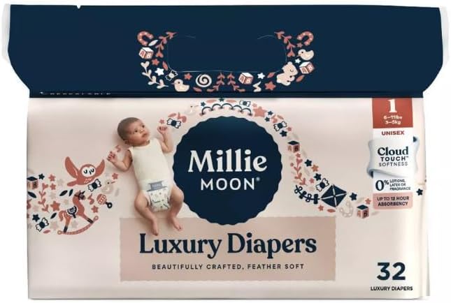 ~New~Millie~ Moon Premium Luxury Diapers, Size 1, Newborn, 32 Count, Ultra Soft, Breathable, Gentle for Sensitive Skin ~Single Pack