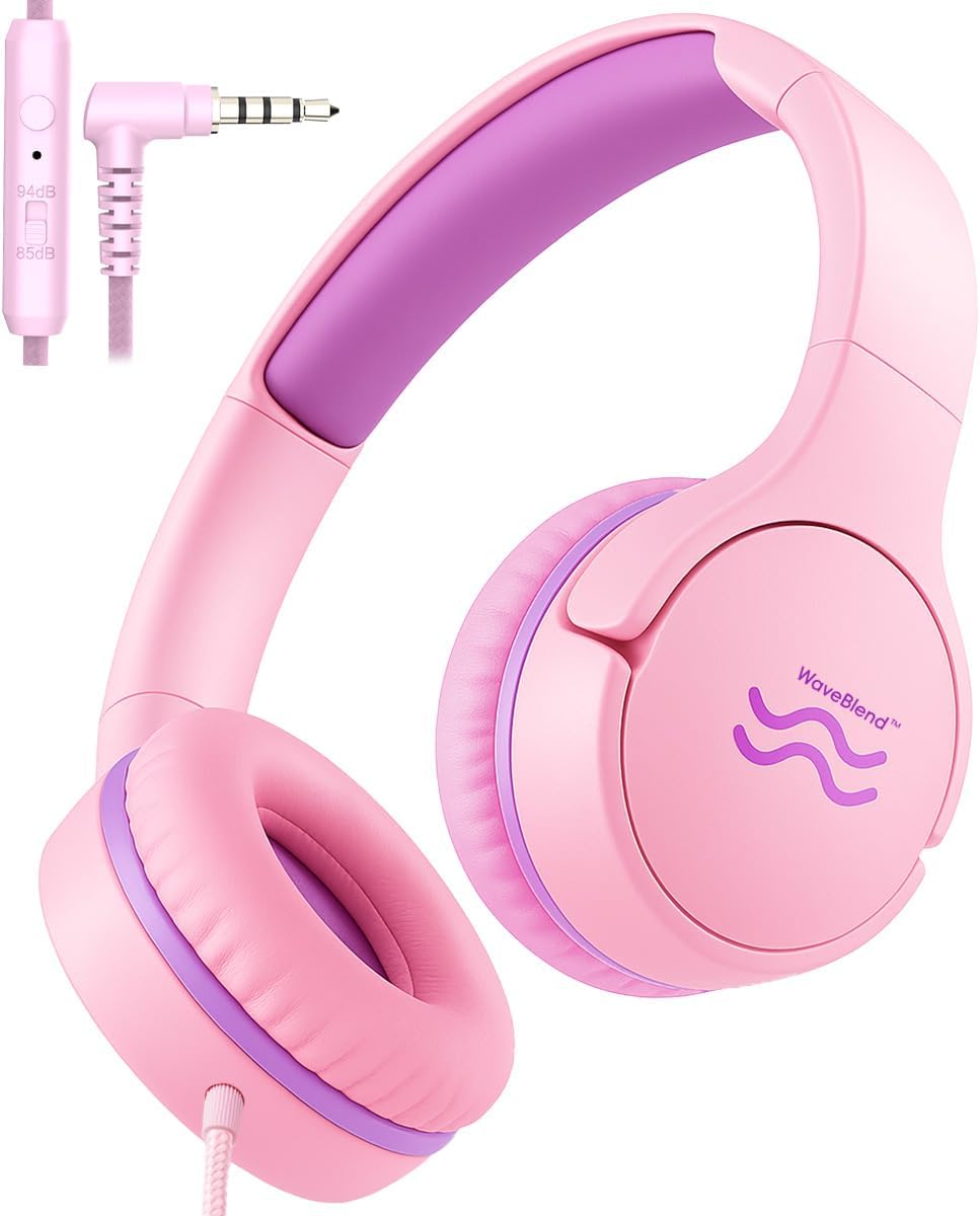 Wired Kids Headphones with Mic, Foldable, Volume Control Safe Listening(85/94dB), 3.5mm Jack on-Ear Headset for Chilren/Teens/School/Travel/Plane/Ipad/Tablet/Laptop, PinkPurple