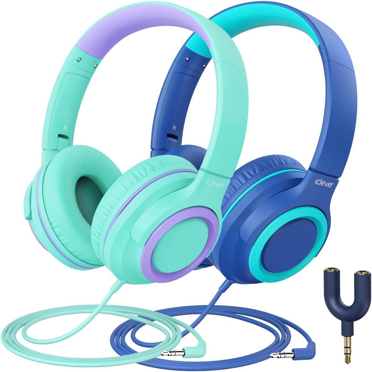 iClever 2Pack Kids Headphones with Sharing Splitter – 85dBA Safe Volume Limited – HS22 Wired Headphones for Kids Teens, Tangle-Free 3.5mm Jack Foldable Stereo for School/Tablet/Travel