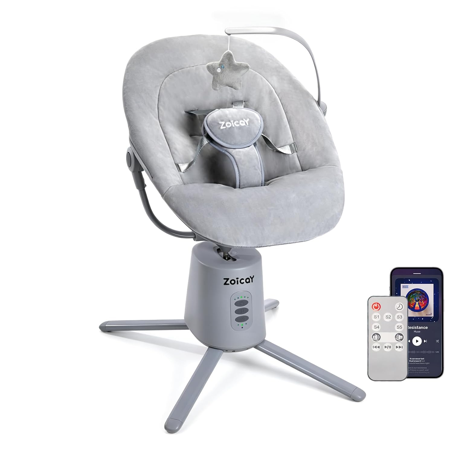 Zoicay Baby Swing,Baby Swings for Infants with 3 Modes & 5 Speeds, BT Enabled App & Remote Control, Electric Swing – 6 Melodies and 3 Timer Setting, 2 Seat Positions and 5-Point Harness Swing (Gray)