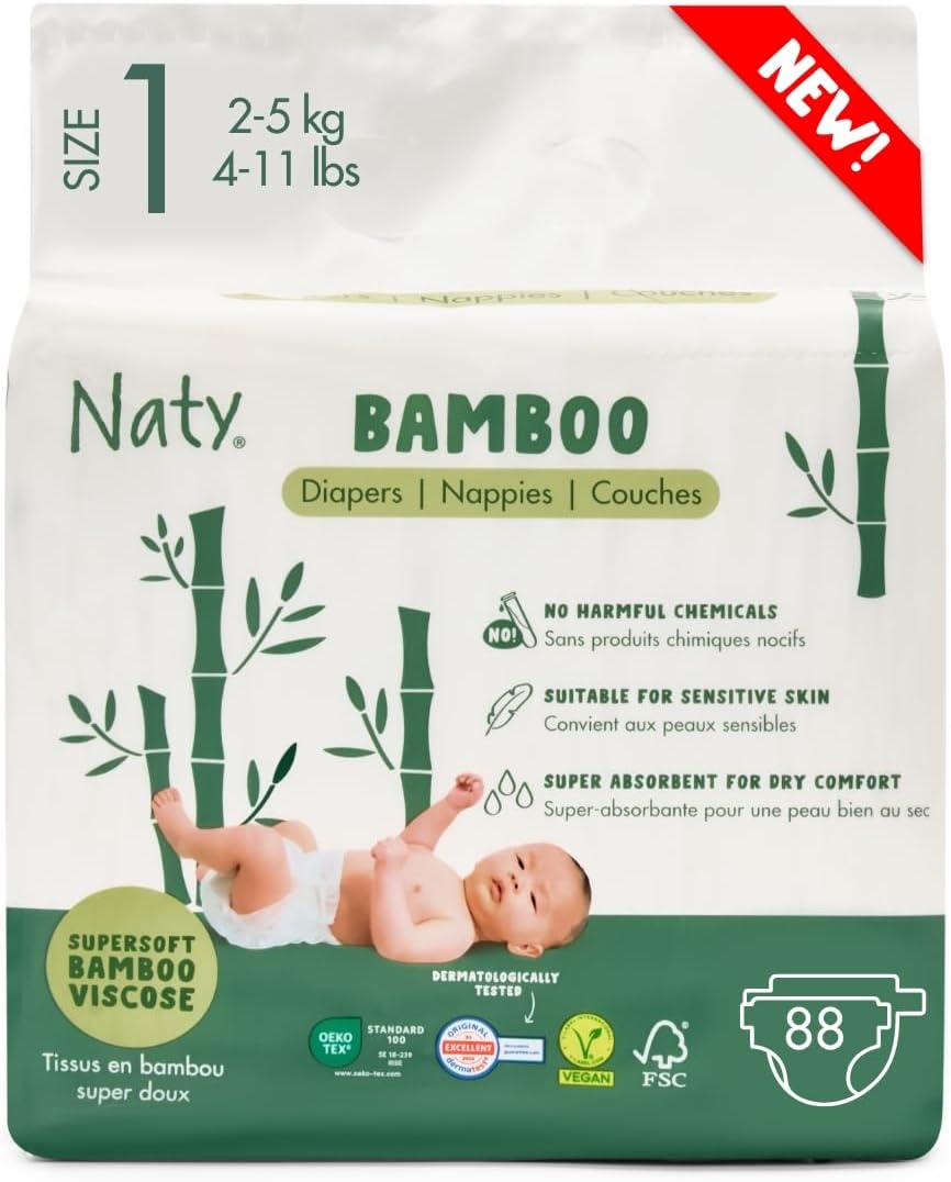 Naty Bamboo Viscose Baby Diapers – Silky Soft, Plant Based, Dermatologically Tested for Sensitive Skin & Super Absorbent (Size 1, 88 Count)