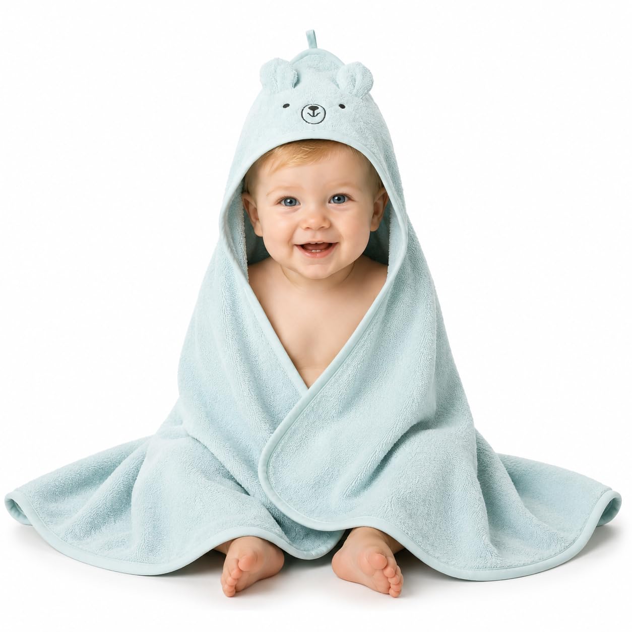 Hooded Baby Towel – 100% Organic Cotton Baby Bath Towels – Baby Boy Newborn Essentials – Super-Soft and Absorbent. (Bear – Baby Blue)