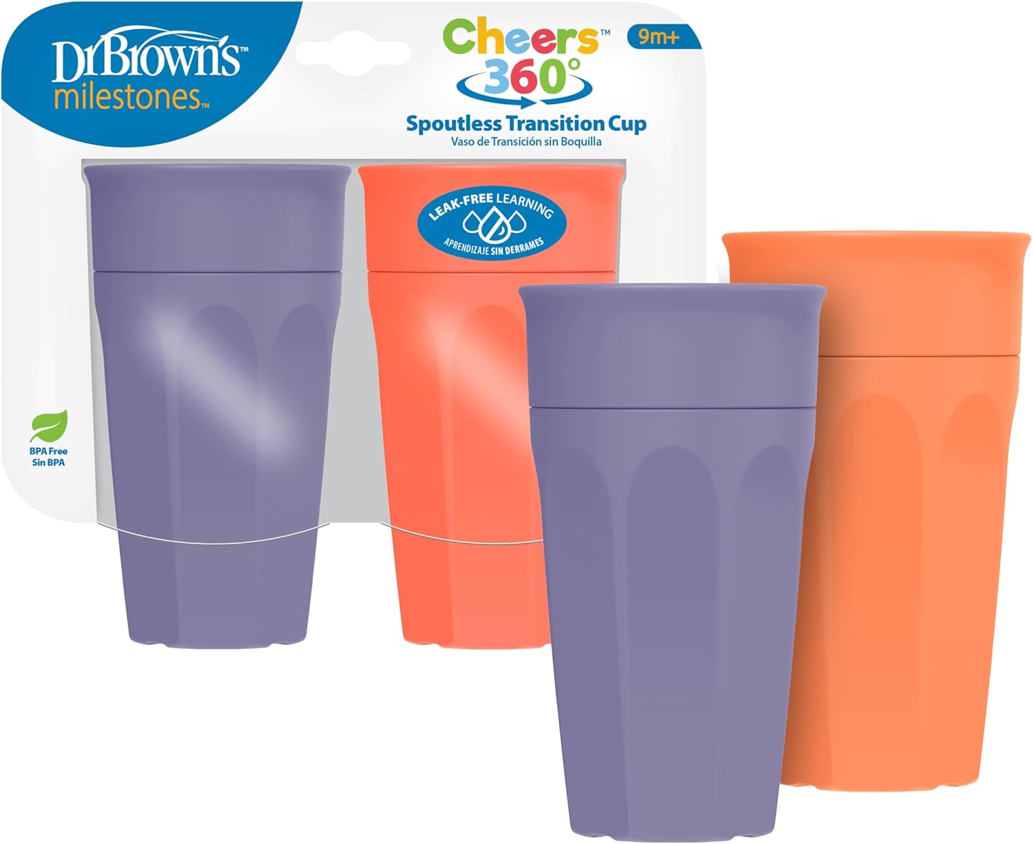 Dr. Brown’s Milestones Cheers 360 Spoutless Transition Cup, Travel Friendly and Leak Free Sippy for Babies and Toddlers, Coral and Purple, BPA-Free, 10 oz/300 mL, 9m+