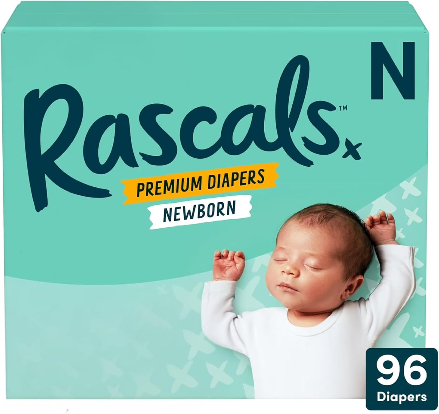 Rascals Premium Newborn Baby Diapers, Size Newborn, (96 Count), Ultra Soft Disposable Diapers, Up to 12 Hours Leak Protection, High Absorbency, Comfortable Fit for Sensitive Skin