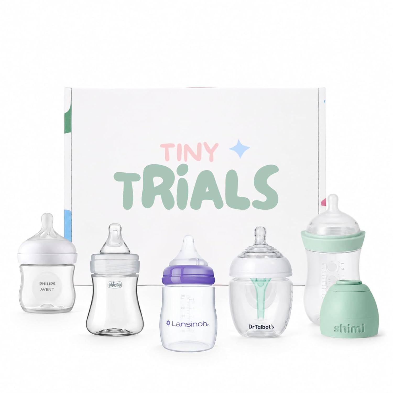 Baby Bottle Trial Pack Variety Box for Newborns – 5 Bottles Featuring Chicco, Dr. Talbot’s, Shimi, Lansinoh & Philips Avent – Anti-Colic, Breastfeeding-Friendly Baby Registry Gift, Tiny Trials