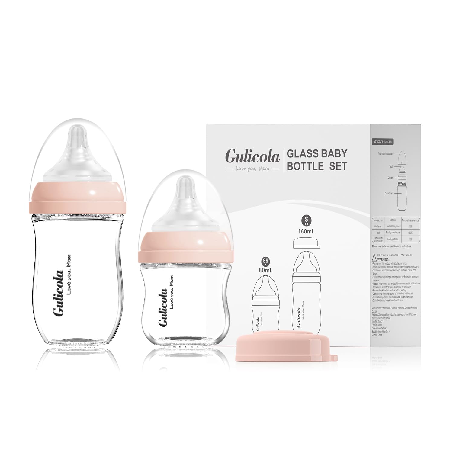 Gulicola Natural Glass Baby Bottle Newborn Set, 3 oz and 5 oz with Extra Slow Flow & Slow Flow Nipple, Anti Colic, 0-3 Months, 2 Pack – Pink