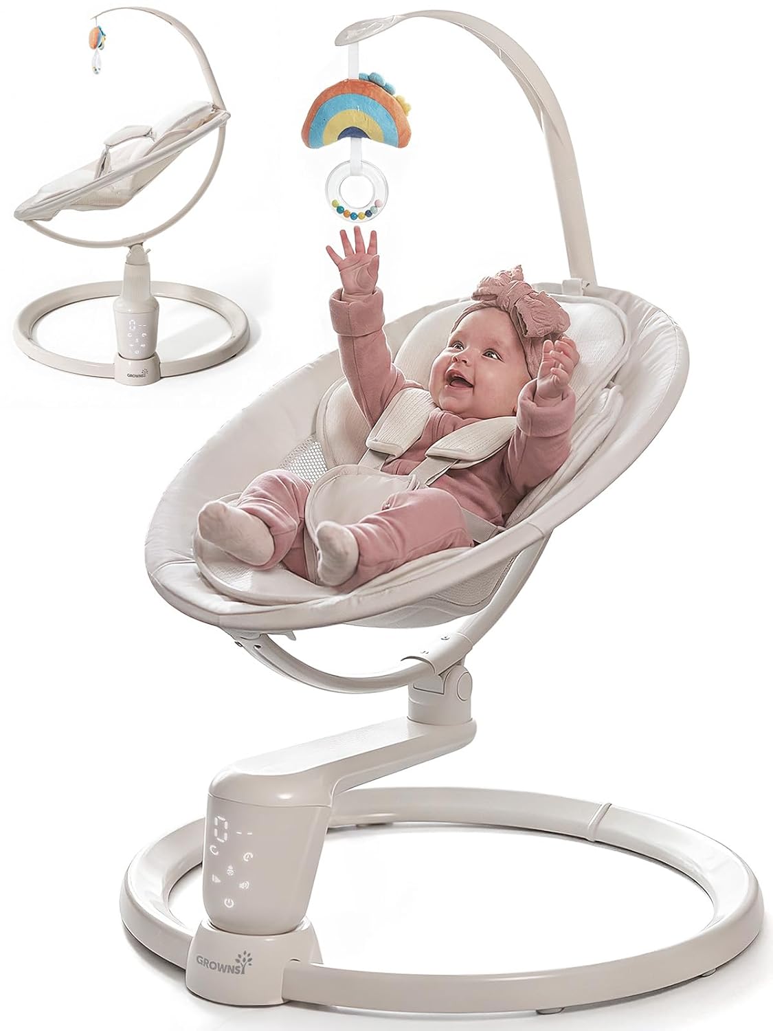 Grownsy Baby Swings for Infants, Dual Motion Side-to-Side & Front-to-Back Baby Swing Rocker with 5 Speeds and Built-in Music, 270° Seat Rotation, 5-Point Harness for Newborn 0-9 Months