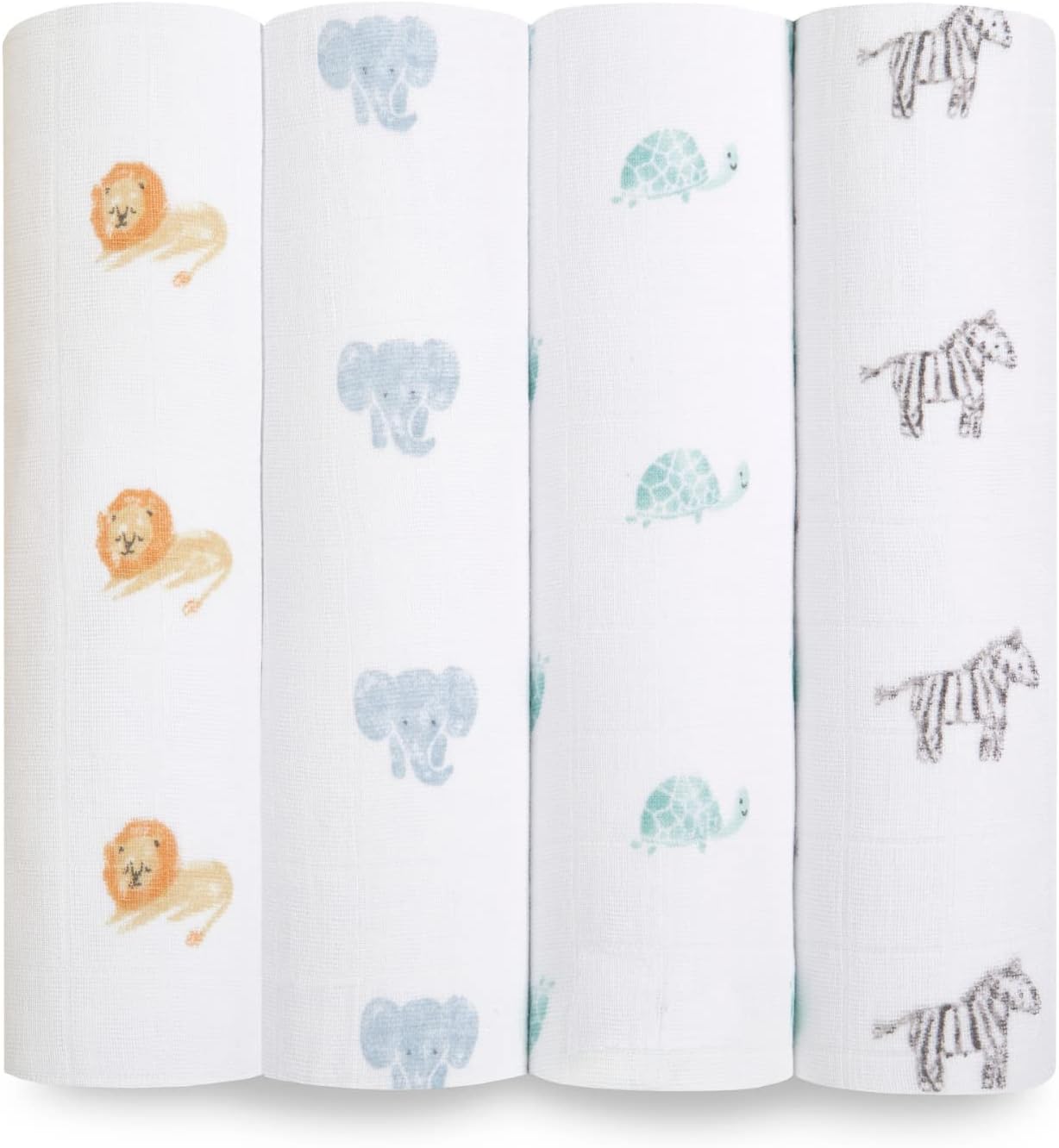 aden + anais Boutique Organic Swaddle Blanket 4-Pack – 100% Organic Cotton Muslin, Large, Soft, Breathable Receiving Blankets for Infants – Lightweight Multi-Use Baby Swaddles, Animal Kingdom