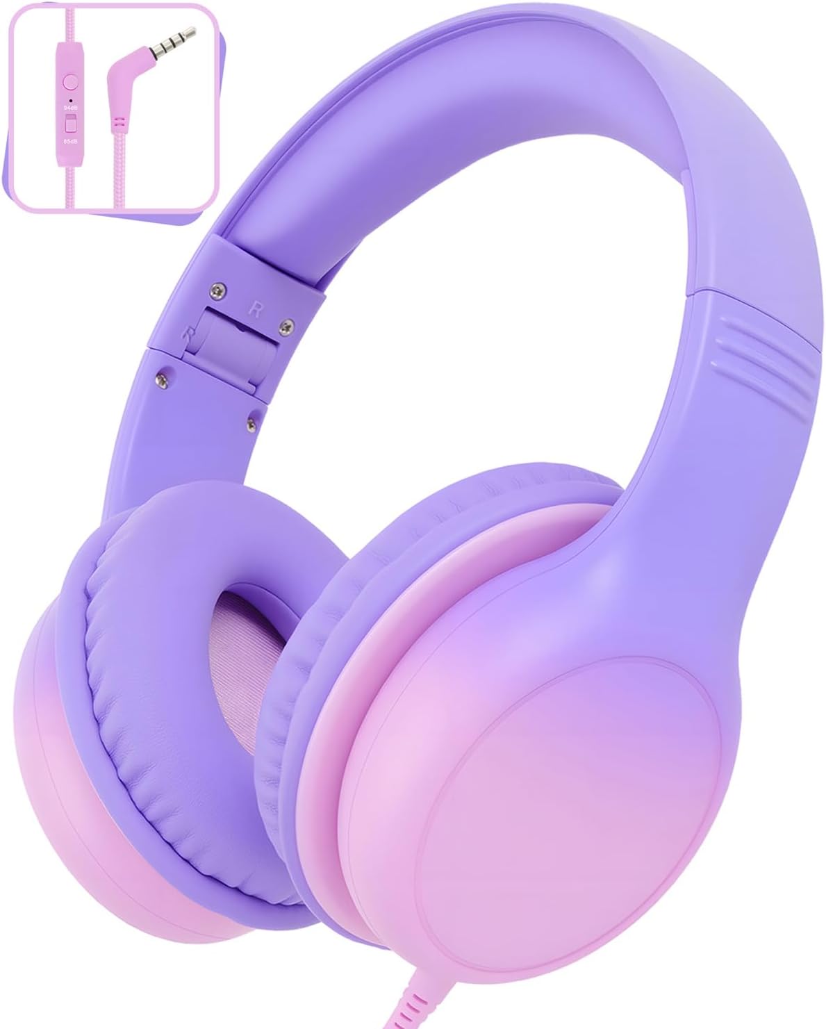 Over Ear Kids Headphones with HD Mic, Safe Volume Limited Wired Headphones for School, Travel, Stereo Sound Headphones with Cord, Foldable 3.5mm Headphones for iPad, Laptop, PC, Purple-Pink