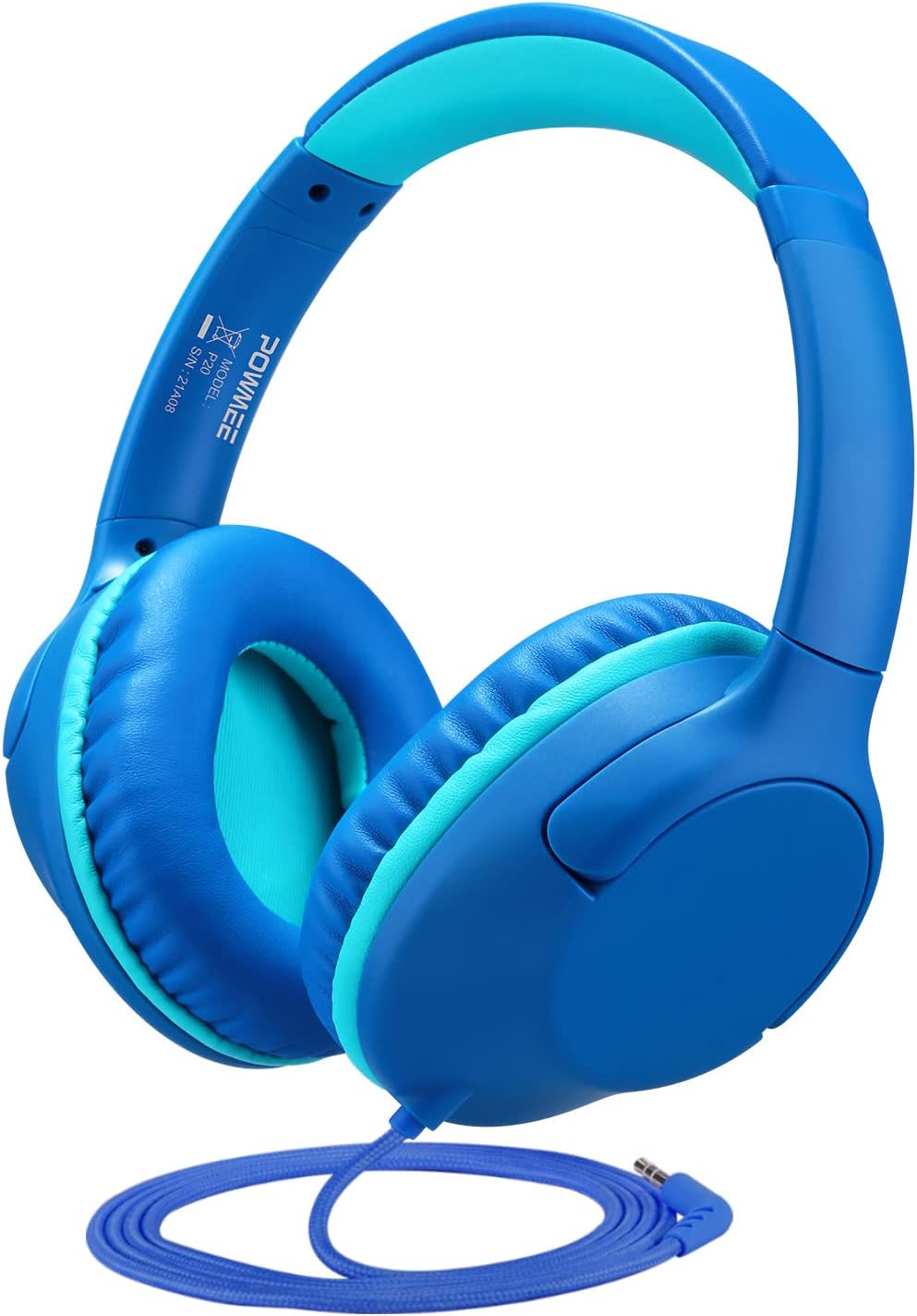 POWMEE P20 Kids Headphones for School, Kids/Teens/Boys/Girls with Safe 94dB Volume Limited, 3.5mm Jack Wired Cord Over-Ear for Fire Tablets/Travel/PC/Phones(Blue)
