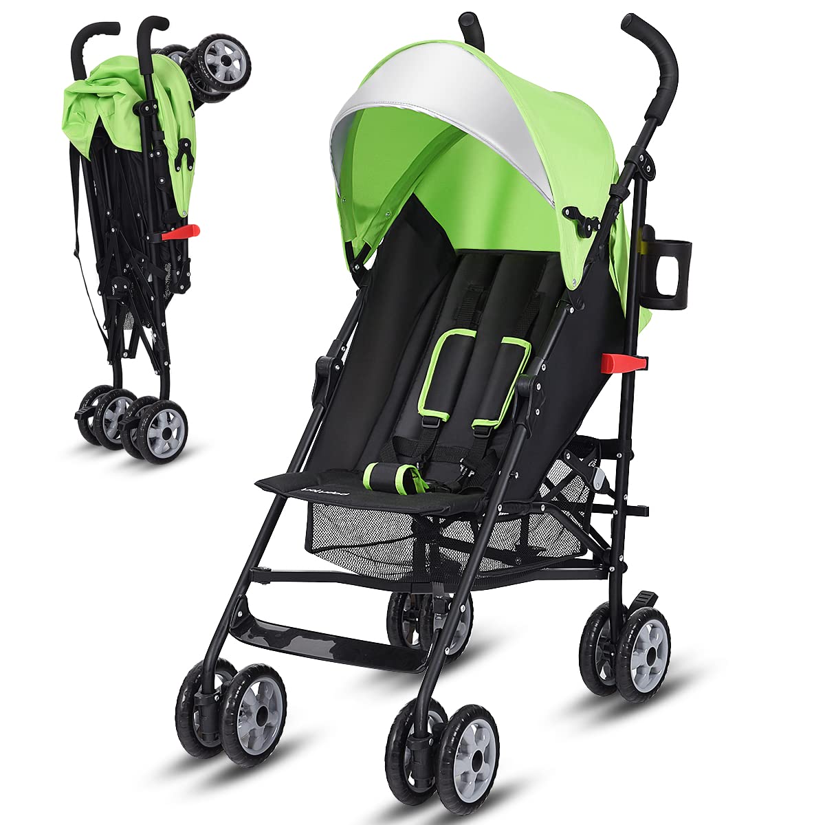 BABY JOY Lightweight & Compact Travel Stroller, Infant to Toddler, Adjustable Backrest & Canopy, Cup Holder, Storage Basket, 5-Point Harness, Easy Fold, Green