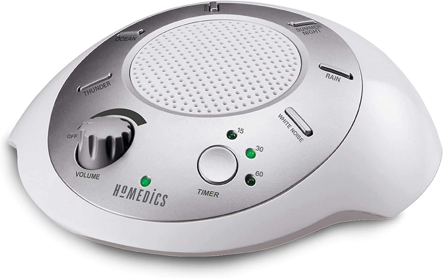 Homedics SoundSleep White Noise Sound Machine, Silver, Small Travel Size with 6 Relaxing Nature Sounds, Portable Therapy for Home, Office, Nursery, Auto-Off Timer