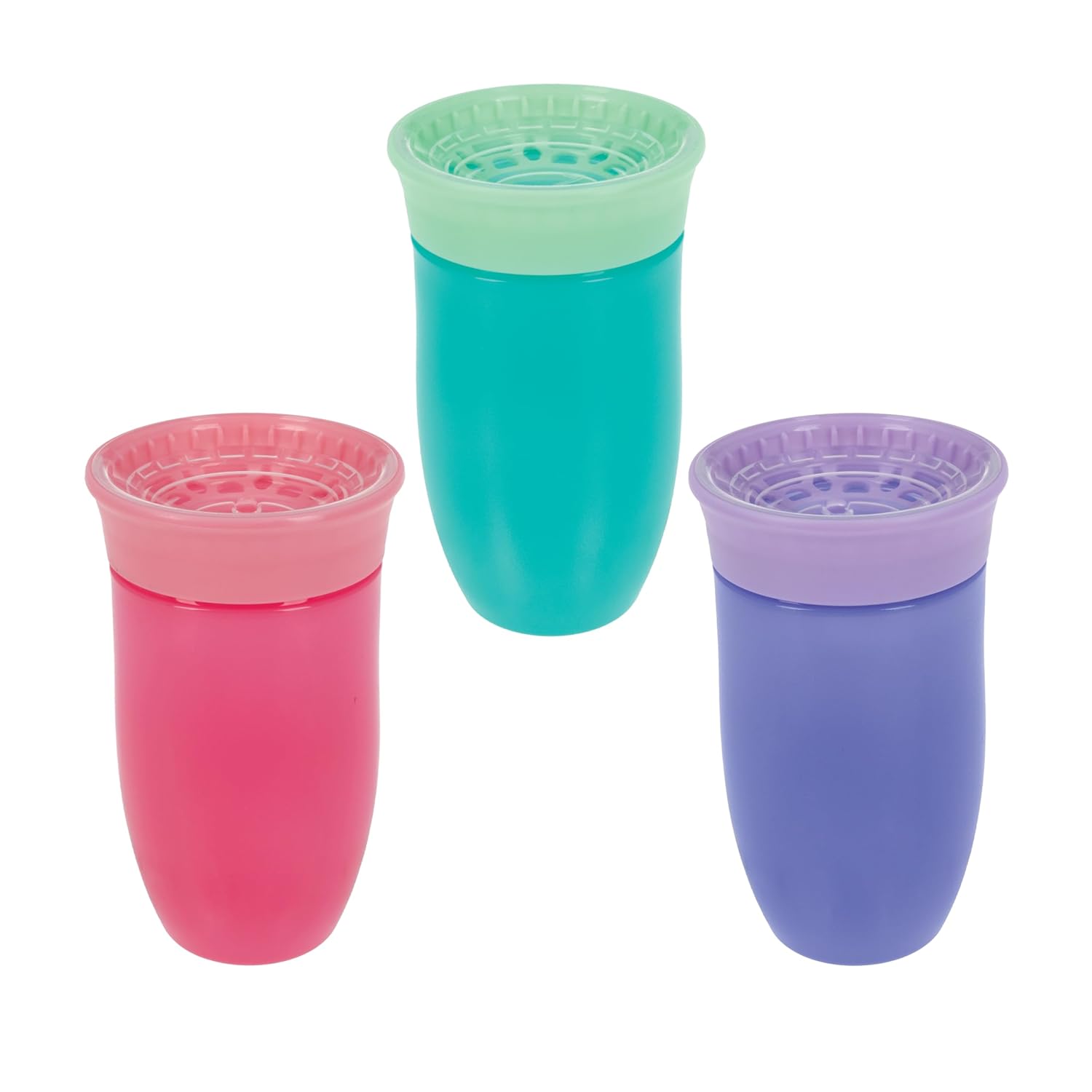 Nuby Wonder Cup – Spill-Proof Toddler Sippy Cups – (3 Pack) 10 oz – Sip from All Sides – Leak Resistant – Spoutless Transition Cup – Aqua/Purple/Pink