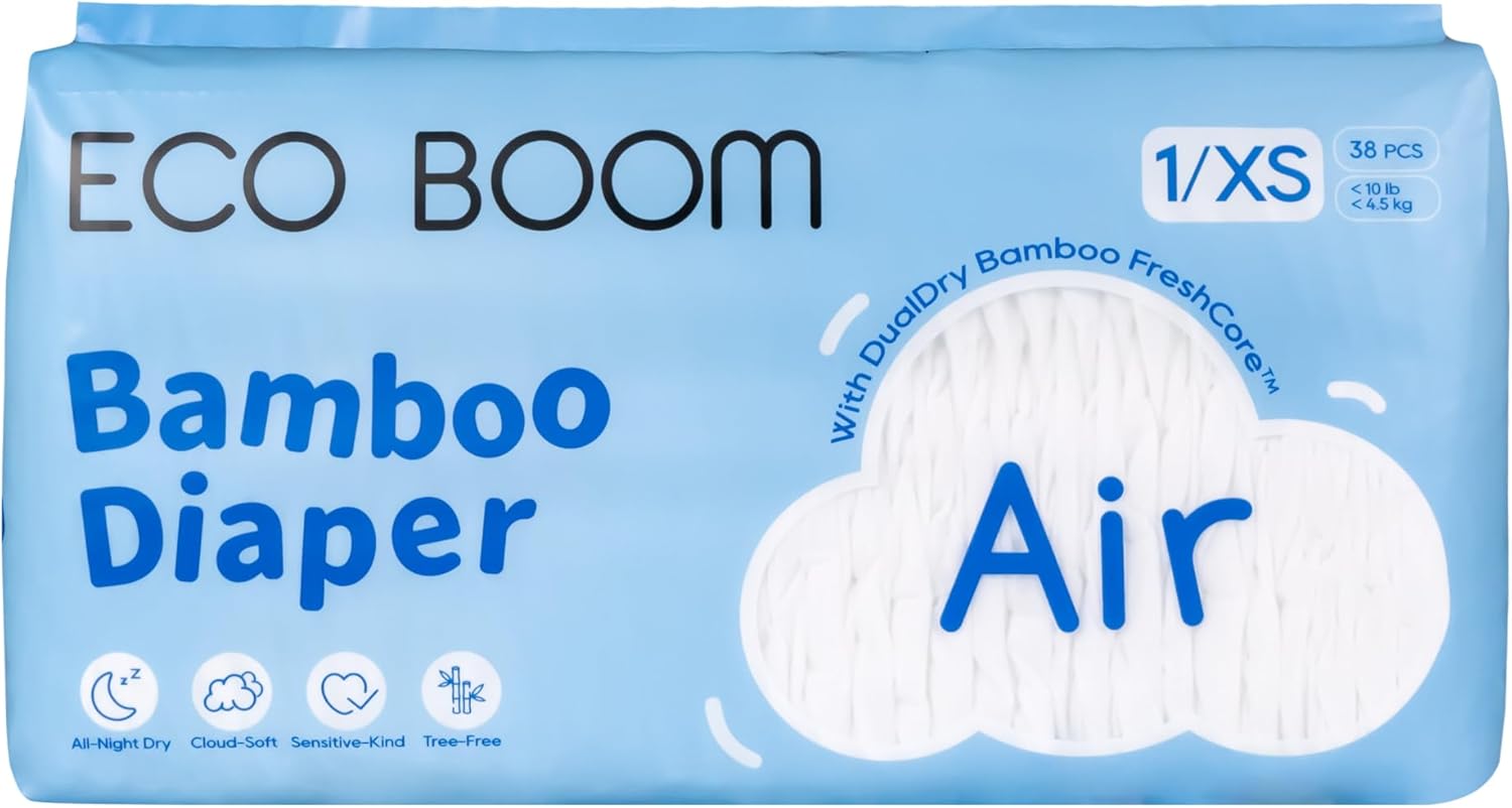 ECO BOOM Newborn Diapers Size 1, Tree-Free & Gentle for Sensitive Skin, Ultra Soft & Breathable, Reliable Overnight Protection, Size 1, Up to 10 lbs