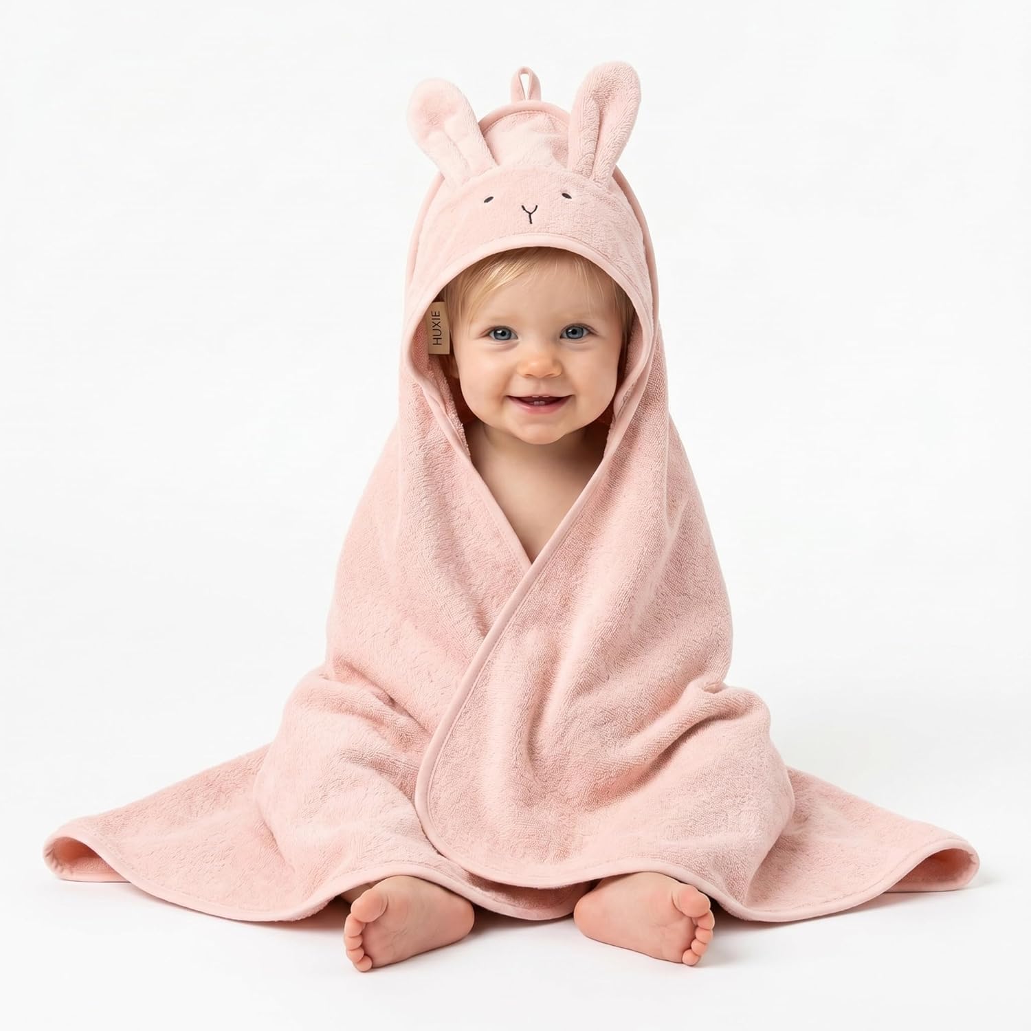 Hooded Baby Towel – 100% Organic Cotton Baby Bath Towels – Baby Girl Newborn Essentials – Super-Soft and Absorbent. (Rabbit – Blush)