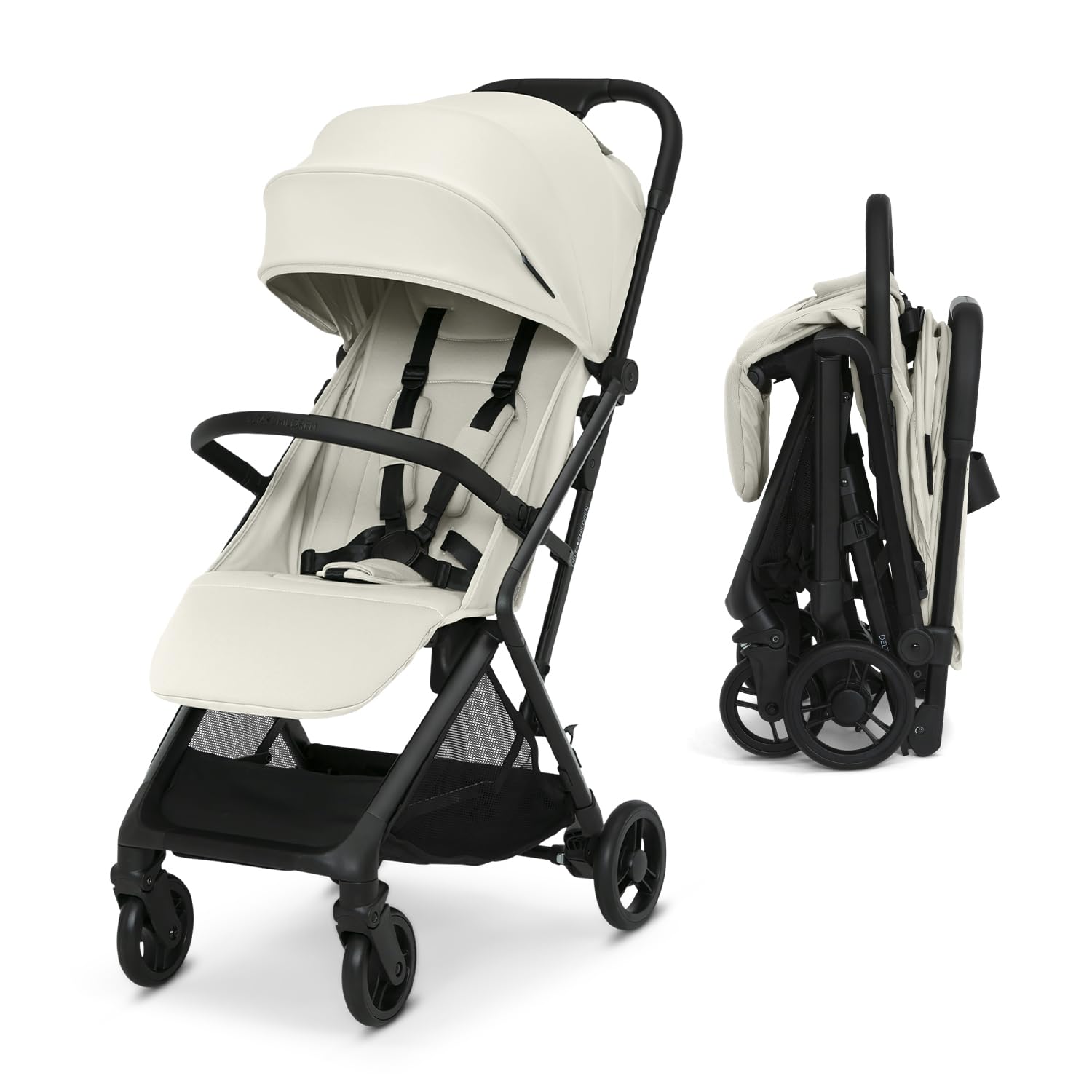 Delta Children Icon Ultra Compact Lightweight Everyday & Travel Stroller – One-Hand Fold – Only 15.6 Pounds – Fits in Overhead Compartments – Greenguard Gold Certified – Multi-Position Recline, Cream
