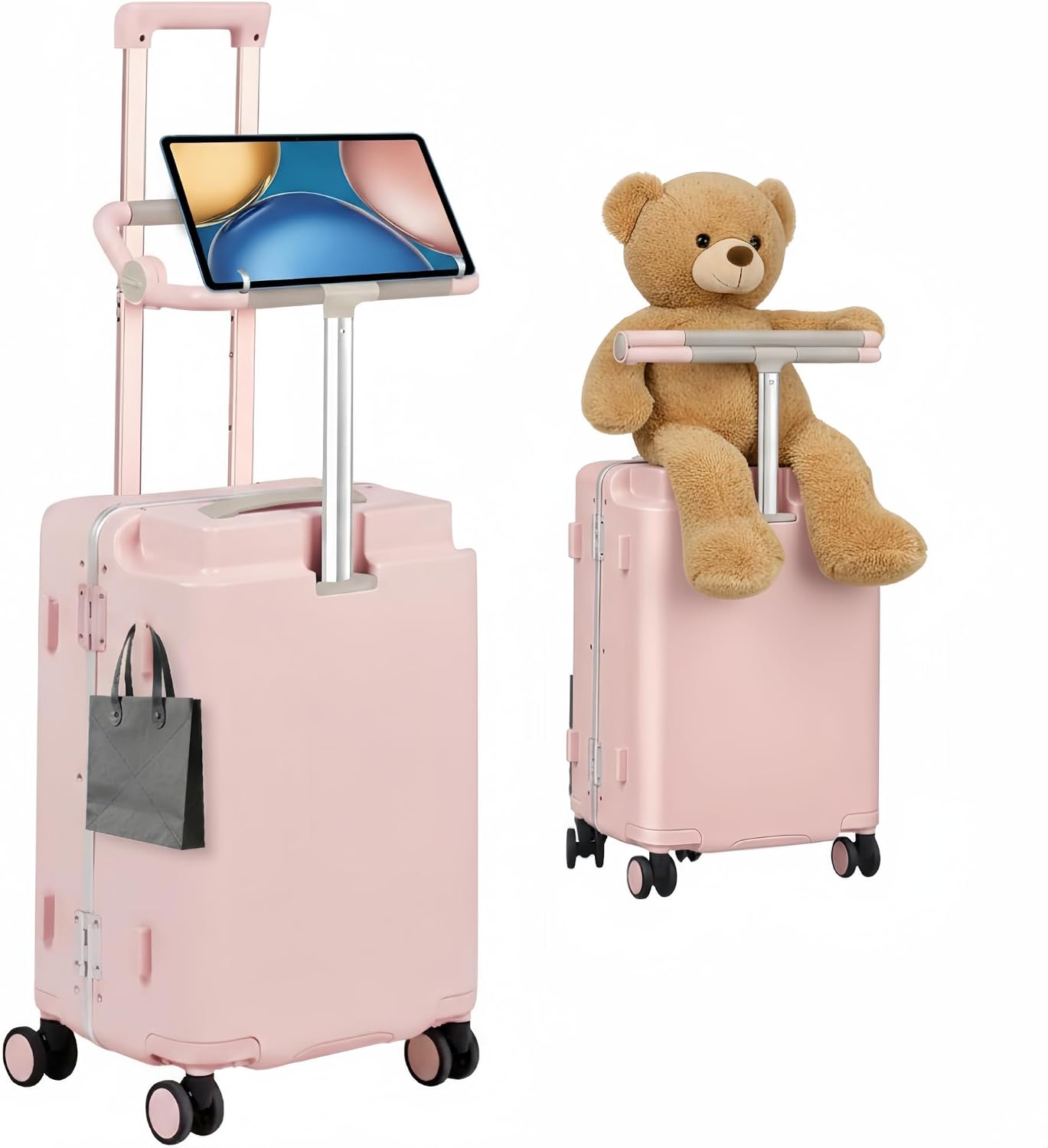 Kids Ride-On Luggage with Adjustable Safety Seat, 20 Inch Carry On Suitcase with 360° Silent Wheels, Cup & Tablet Holder, TSA Lock, For Toddlers to Adults, 200lbs Support, Lightweight Travel Suitcase
