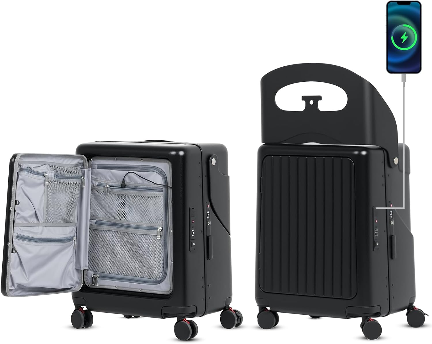 smilesun 20″ Carry On Luggage with Seat For Kids & Adults，Hardside Ride On Suitcase Front Opening with 360°Spinner and TSA Lock For Travel (Black with Front Open, 20″)