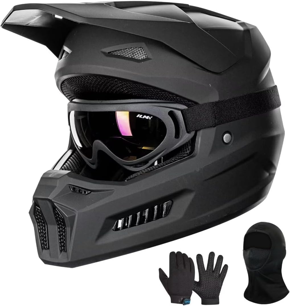 ILM Youth Dirt Bike Helmets Kids ATV Helmet Motorcross BMX Off Road Motorbike with Goggles Gloves Mask DOT Model MT601Y (Matte Black, Youth-Large)
