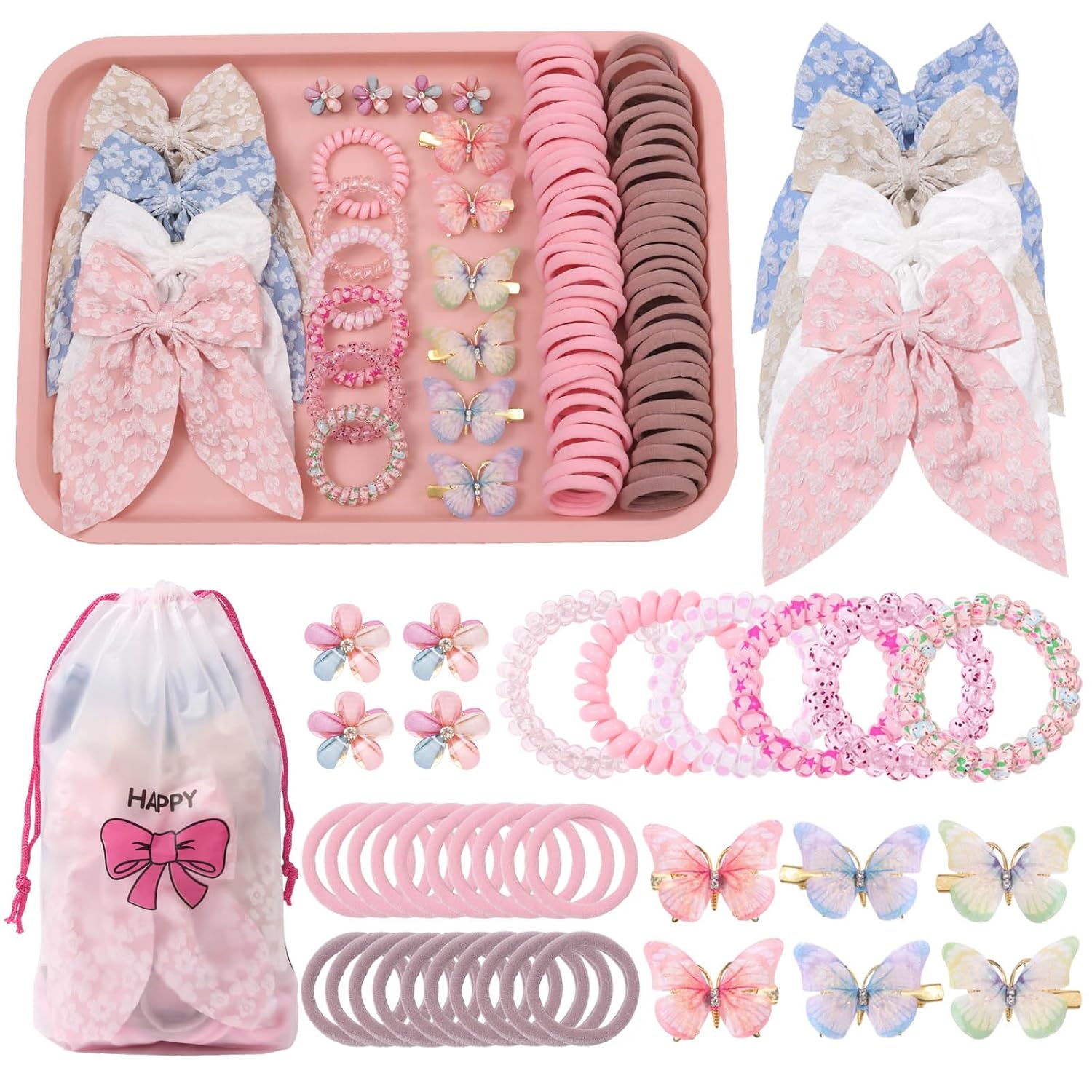 Rosvia Little Girls Hair Accessories Set 70pcs,Elastic Spiral Hair Ties for Thick Hair, Mini Crystal Flower Hair Claws,Butterfly Hair Clips,Toddlers Hair Bows for Girls Teens Kids Toddlers