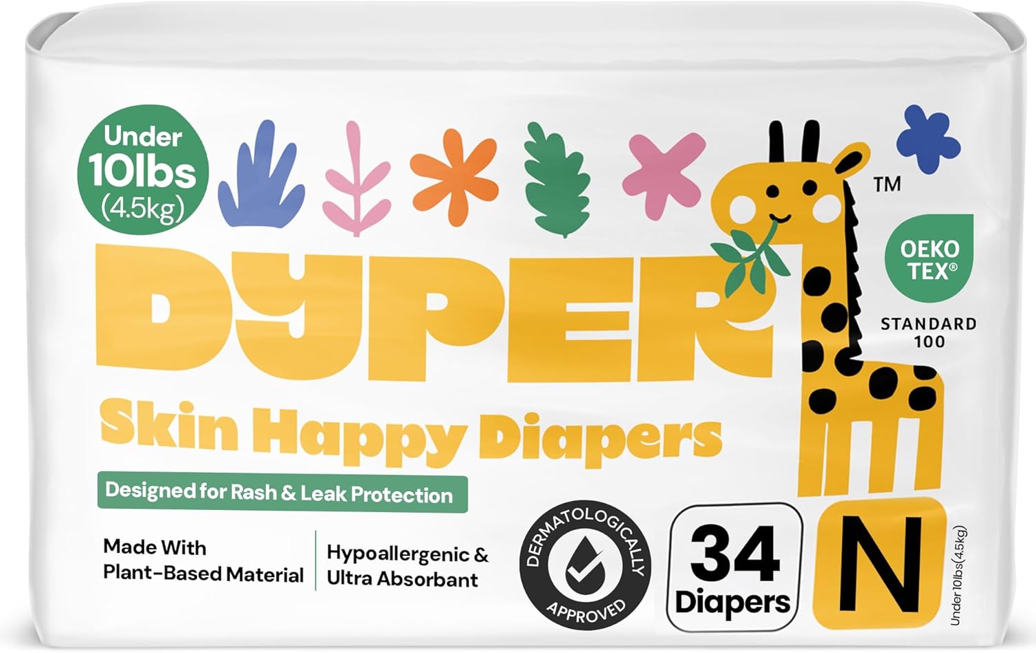 DYPER – Newborn Diapers Size 0 (34Count) – Plant Based Disposable Diapers for Day and Overnight Premium Leak Protection, Skin-Friendly Comfort with Soft Baby Diapers (Under 10 lbs)