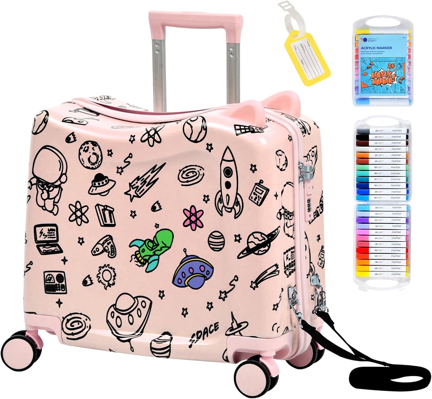 Kids Ride-On Suitcase with Cute Ears, DIY Graffiti Coloring Design, 20″ Carry-On Luggage with 4 Spinner Wheels, Pull Rope & Combination Lock – Rideable Travel Case for Toddlers & Children(Pink)