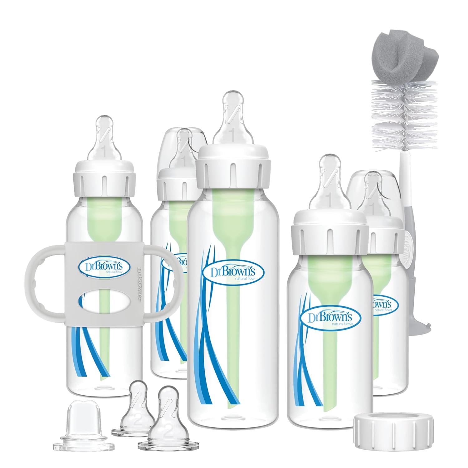 Dr. Brown’s Anti-Colic Options + Narrow Bottle to Sippy Gift Set with Soft Silicone Sippy Spout, Removable Silicone Handles, Travel Cap and Bottle Brush (Packaging/Brush Color May Vary)
