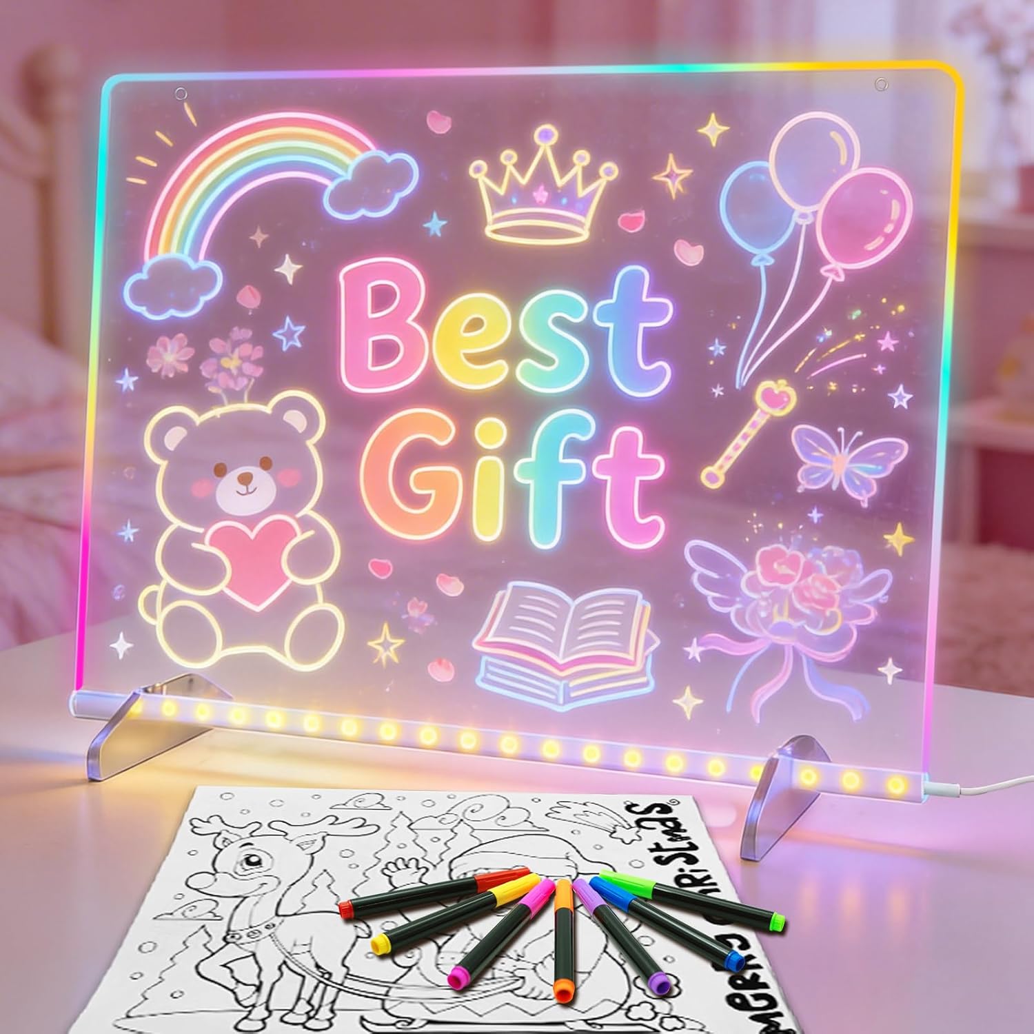 LED Note Board with 7 Colors, 13″x10″ Led Drawing Board for Kids, Light Up Dry Erase Boards with 7 Markers, Soft Cloth, Hanging Chain-Gift for Ages 5-12 Year Old Girl – Little Kids Art & Craft Gifts