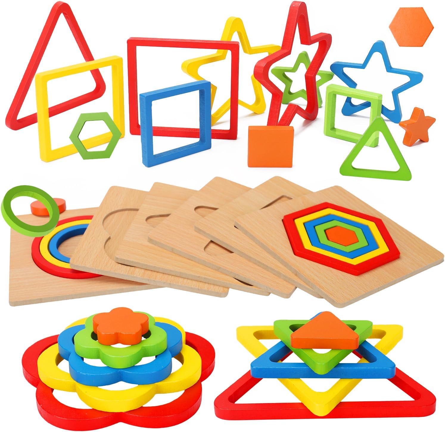 AugToy Toddler Puzzles Montessori Toy Wooden Shape Sorting Puzzle Sensory Toy Toddler Activities Preschool Learning Educational Autistic Developmental 1 2 3 Year Old Girl Boy 1-3 Dementia Game Gift
