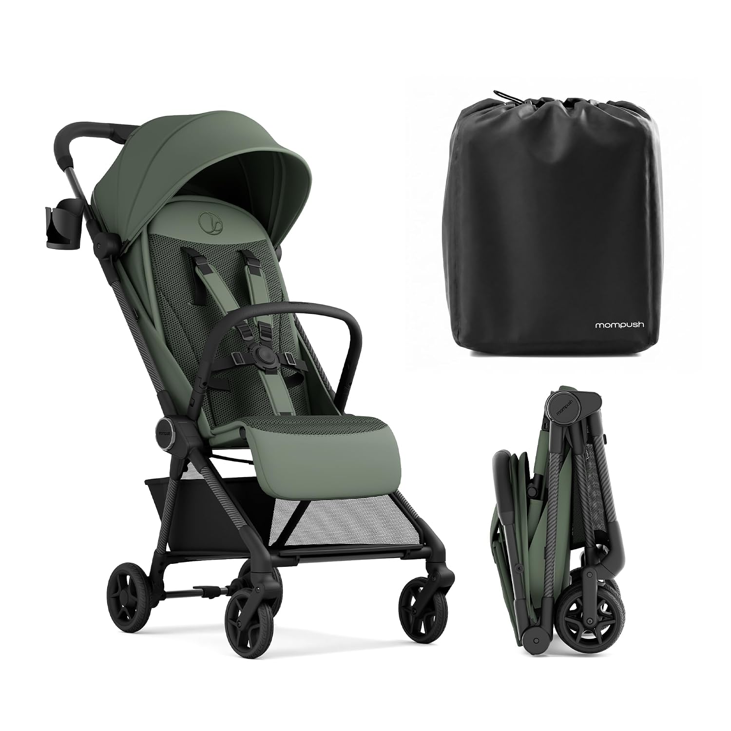 Mompush Nexis Carbon Travel Stroller, Ultra-Lightweight 11.5 lbs, Compact & Airplane Carry-On Approved, One-Second Auto-Fold, One-Hand Full Recline, from Birth to 50 lbs, JPMA Certified, Forest