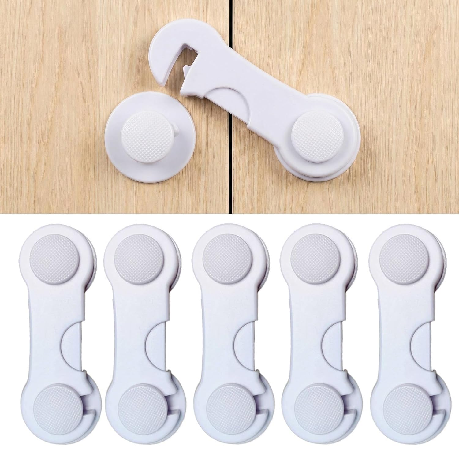 Baby Proof Cabinet Locks – 5 Pack Child Safety Latches for Cabinets, Drawers, Fridge, Pantry & Closet | No Drill Adhesive Cabinet Door Locks | Easy for Adults, Hard for Kids (White)