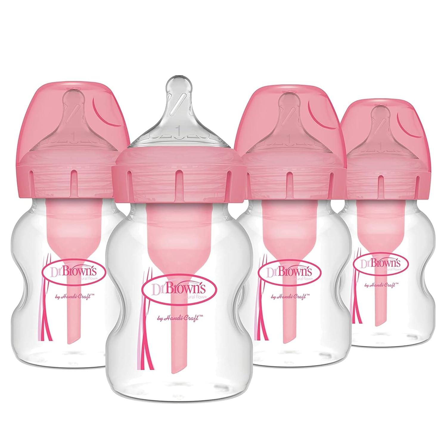 Dr. Brown’s Natural Flow Anti-Colic Options+ Wide-Neck Baby Bottles 5 oz/150 mL,with Level 1 Slow Flow Nipple, Pink 4 Pack, 0m+