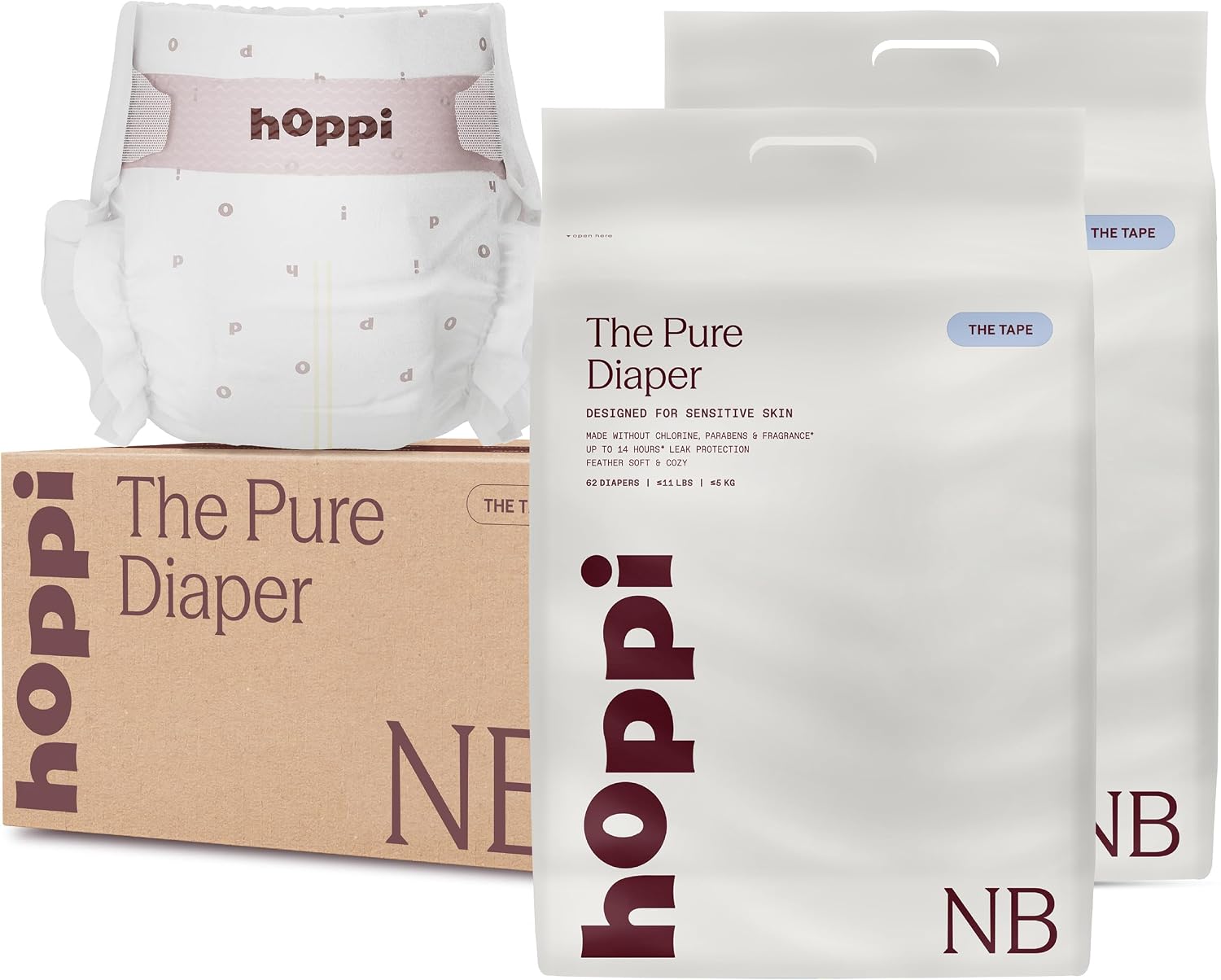 Hoppi Pure Baby Diapers Size NB Newborn up to 11 lbs, 124 Count, TCF Hypoallergenic Ultra Soft Disposable Diapers for Sensitive Skin, 14-Hour Overnight Leak Protection, Newborn Diaper Essentials