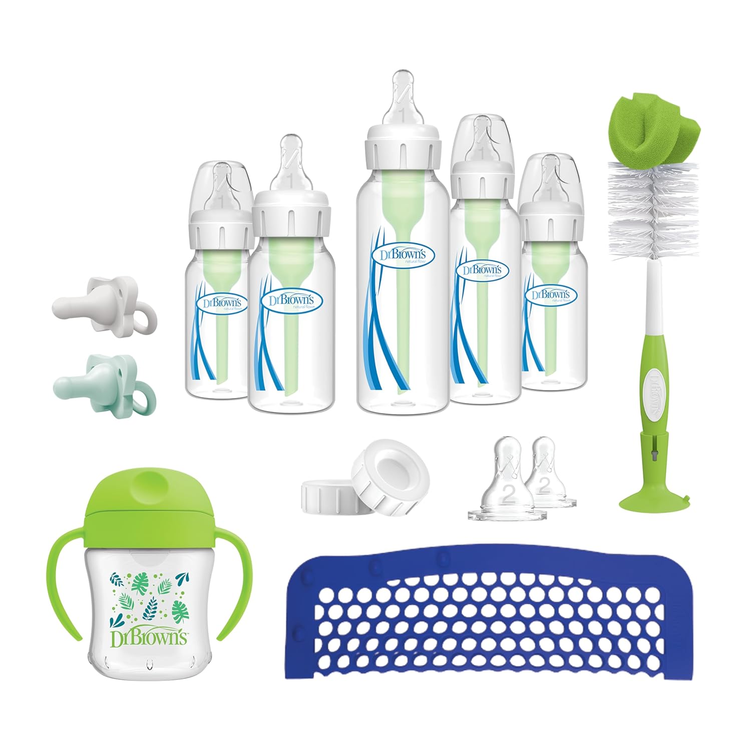 Dr. Brown’s Natural Flow Anti-Colic Options+ First Year Feeding Set with Newborn Baby Bottles, Soft Spout Transition Cup, Bottle Cleaning Brush & 100% Silicone HappyPaci Pacifier, 0m+