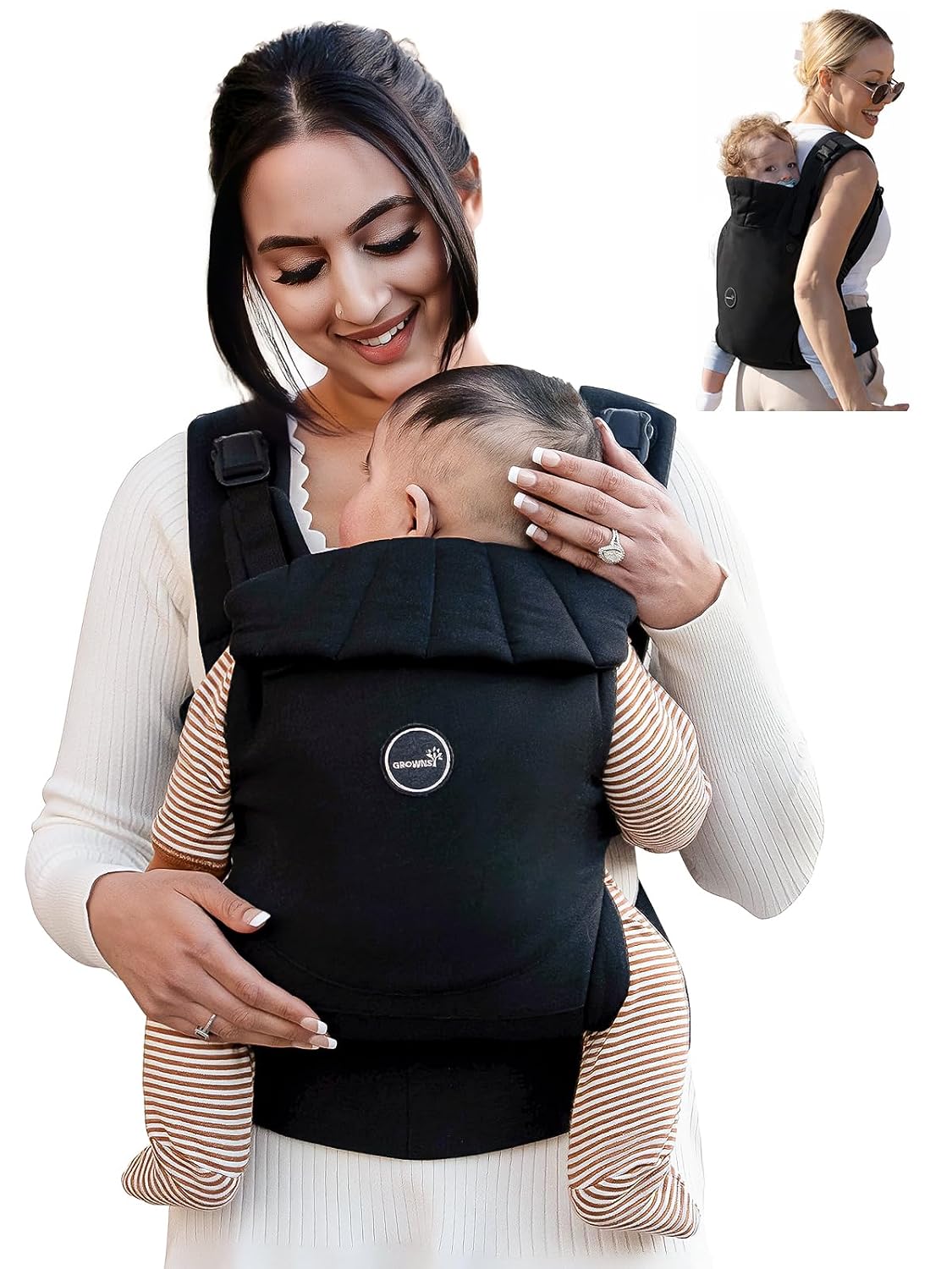 GROWNSY Baby Carrier, One-Click Release Clasp for Easy to Wear, Cozy Wraps Carrier Newborn to Toddler with Head Support(7-44lbs), Ergonomic & Lightweight for Infant to Toddler, Black