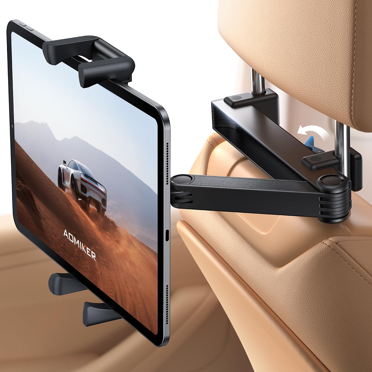 Aomiker Car Headrest iPad Holder – [Aluminium Lockable Arm] Universal Car Tablet Mount Backseat with Foldable Wide Clip, Road Trip Essentials for Kids, for iPad Pro, Air, Mini, Galaxy, 6.1-13” Device