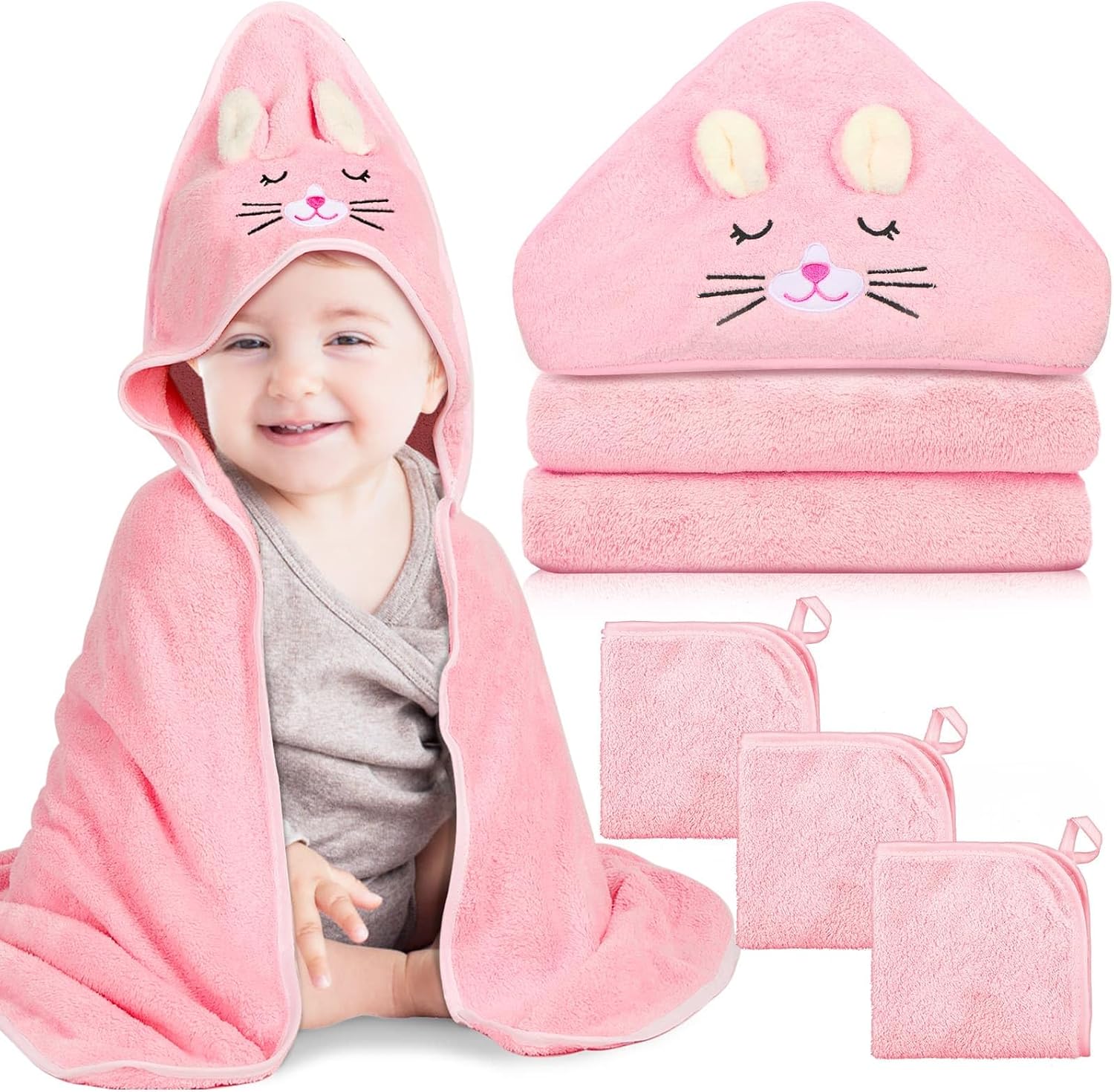4 PCS Hooded Baby Towels Set, Absorbent Baby Bath Towel, Soft Baby Towels and 3 PCS Baby Washcloths for Newborns, Toddlers, and Kids, 32×32 in Baby Towel with Hood for Boy and Girl (Pink Kittens)