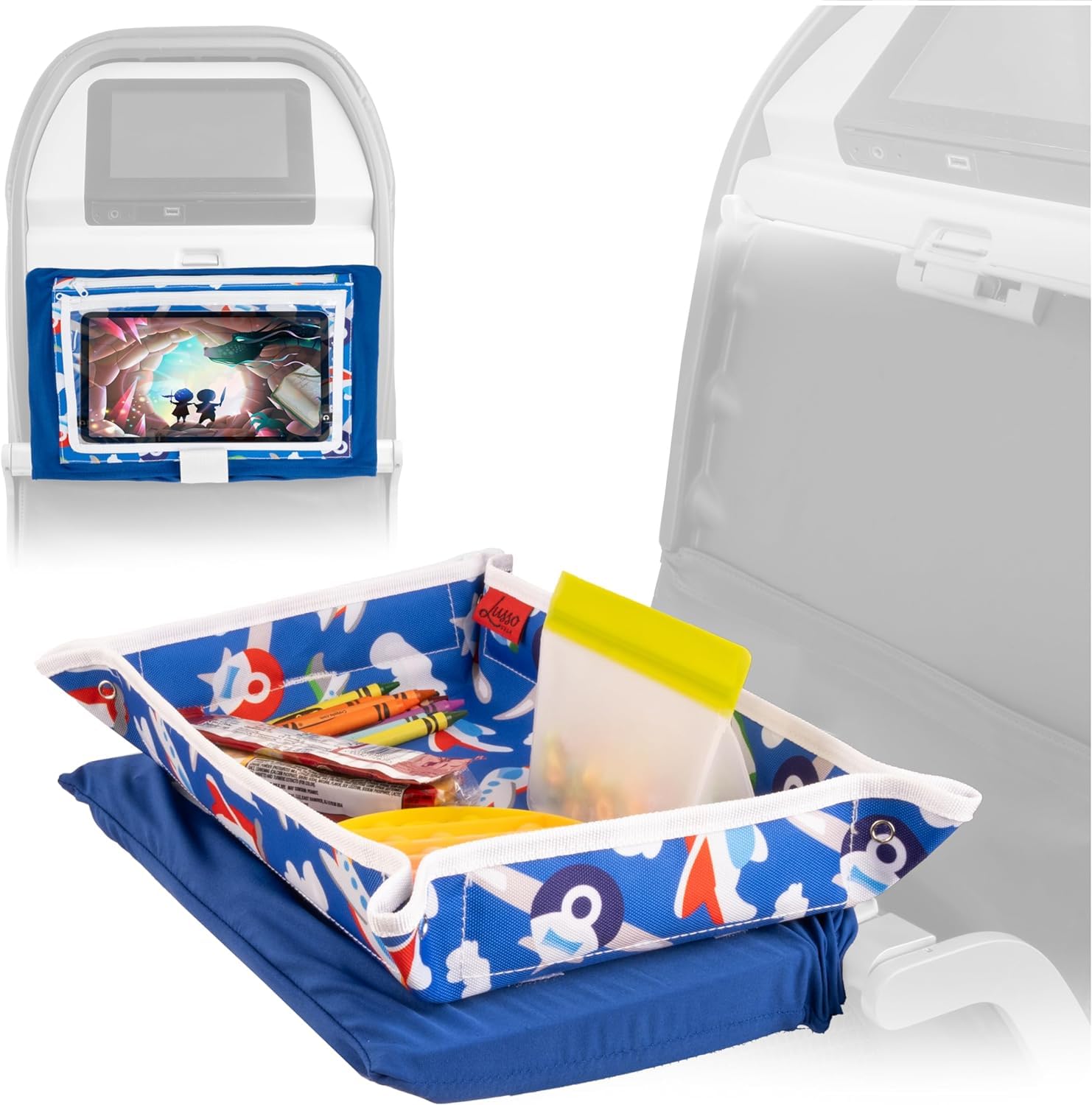 Lusso Gear Airplane Tray Table Cover – Organize Kids Travel Essentials – Snack & Toy Pockets for Airplane Toys for Toddlers 1-3 – Foldable Tablet Stand for Travel Toddler Essentials – Plane Pattern