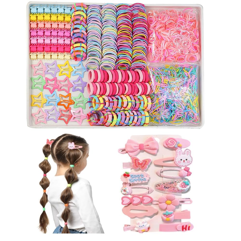 Girls Hair Rubber Bands Colorful Elastic Hair Ties Set Toddler Hair Accessories for Girls with Cute Hair Clips and Box