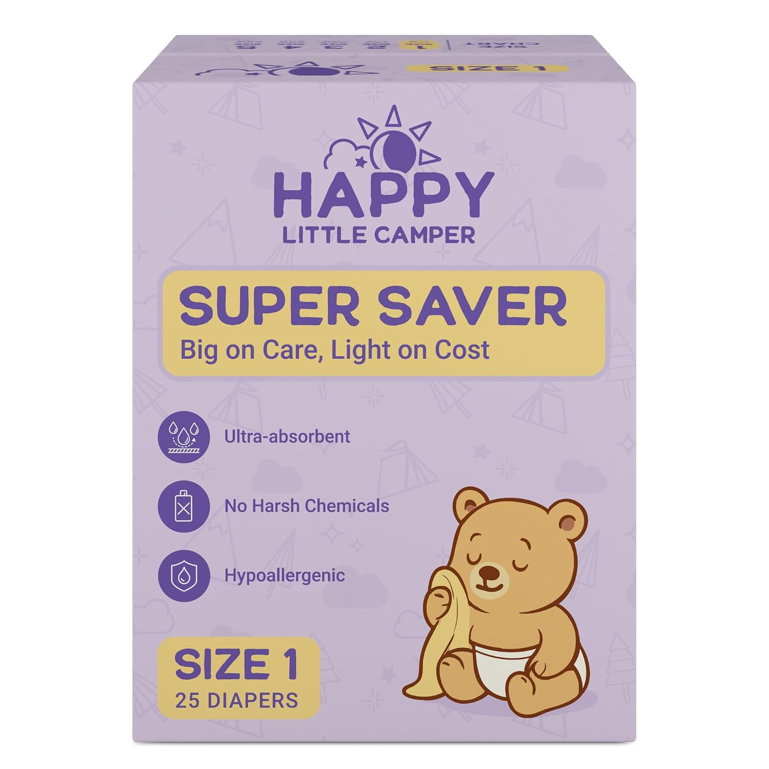 Happy Little Camper Super Saver Diapers, Size 1, 25 Count | Budget-Friendly Disposable Baby Diapers for Sensitive Skin | Hypoallergenic, Fragrance-Free, Ultra Absorbent