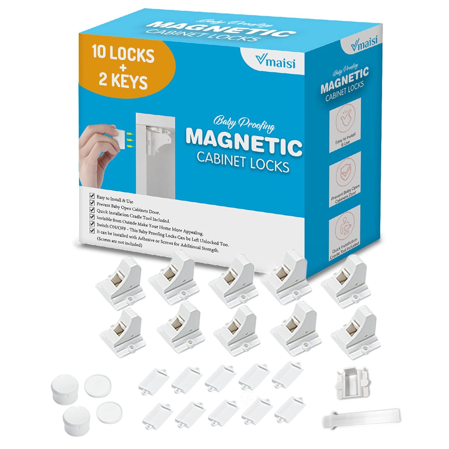 Vmaisi Adhesive Magnetic Locks for Cabinets & Drawers (10 Locks and 2 Keys) | Helps keep kids out of cabinets