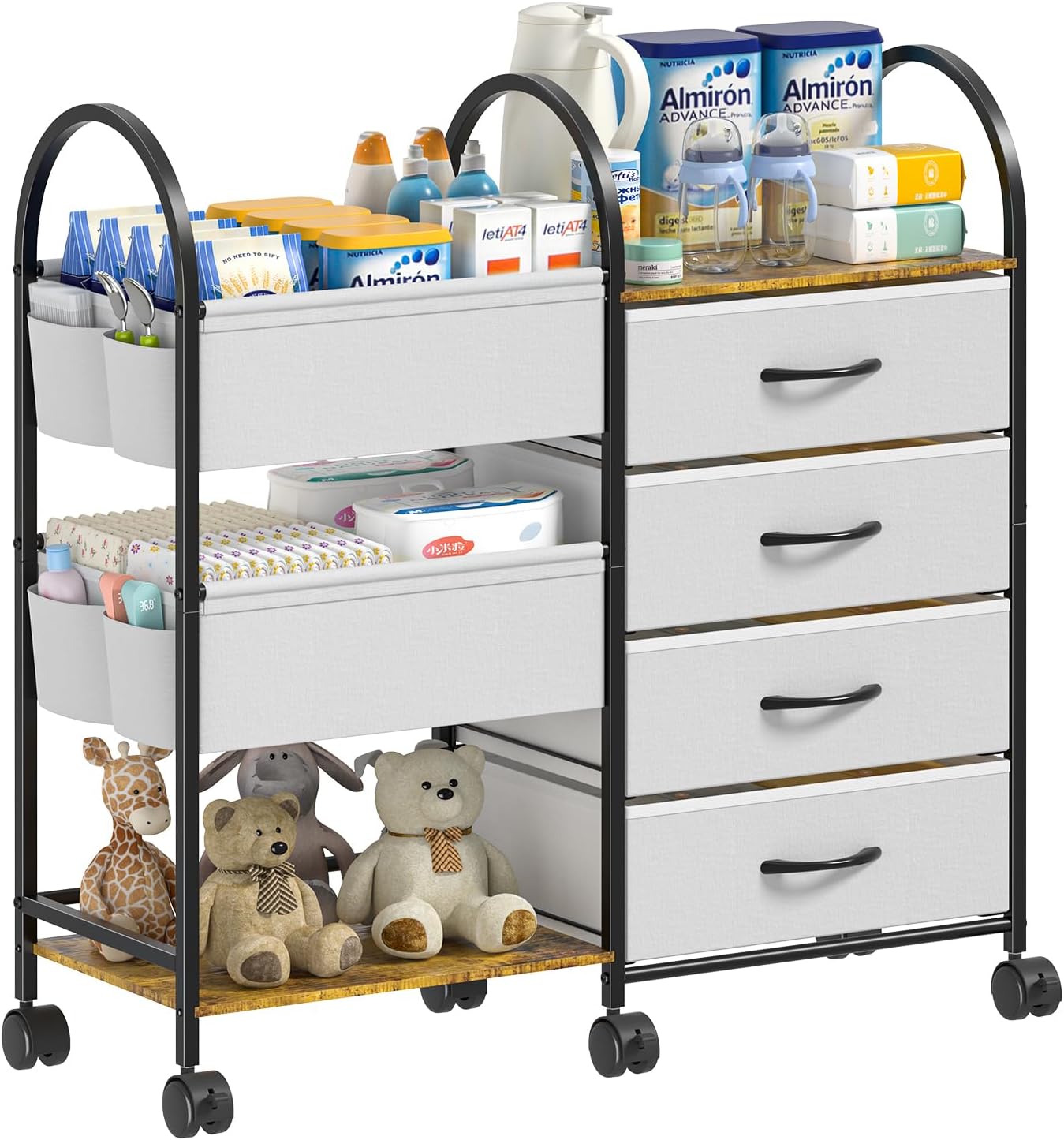 Baby Diaper Caddy Organizer Cart with Wheels, 4-Tier Rolling Diaper Cart with Dividers and Drawers, Multi-Layer Nursery Storage for Diapers & Baby Essentials