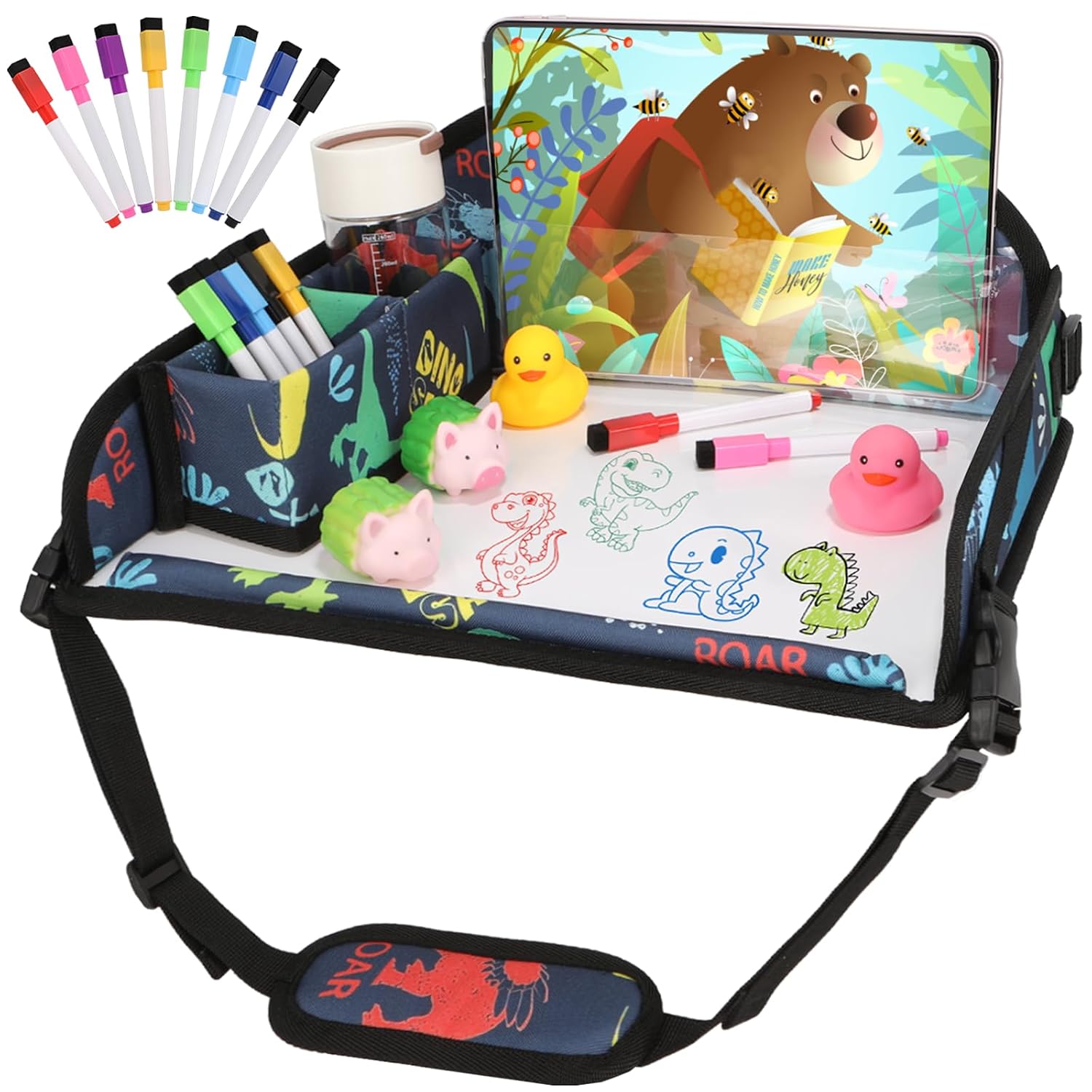 Kids Travel Tray for Airplane – Toddler Car Seat Table Tray, Road Trip Essentials for Boys & Girls, Carseat Lap Desk for Kids Road Trip Activities, Dinosaur