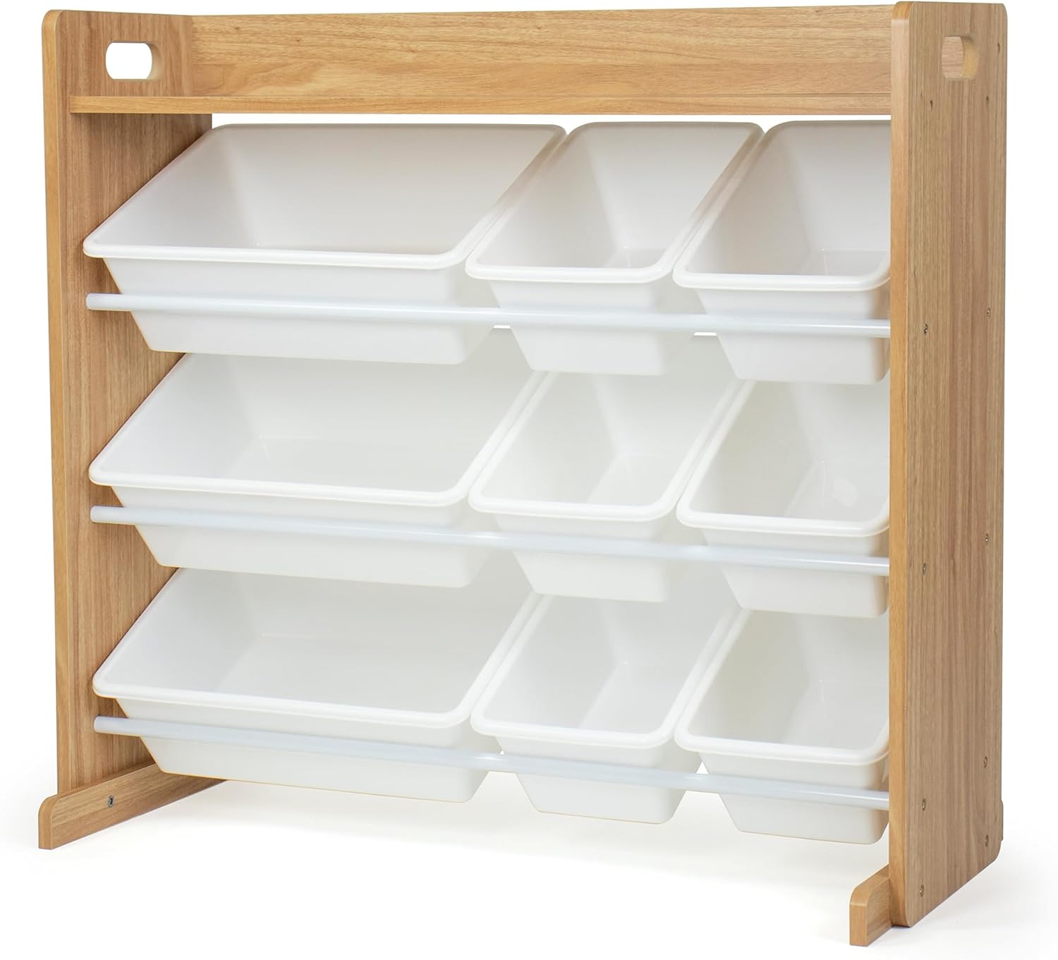 Humble Crew Toy Storage Organizer with 9 Removable Storage Bins for Kids Playroom, 3-Tier with Top Shelf Toddler Toy Organization, Natural Wood/White