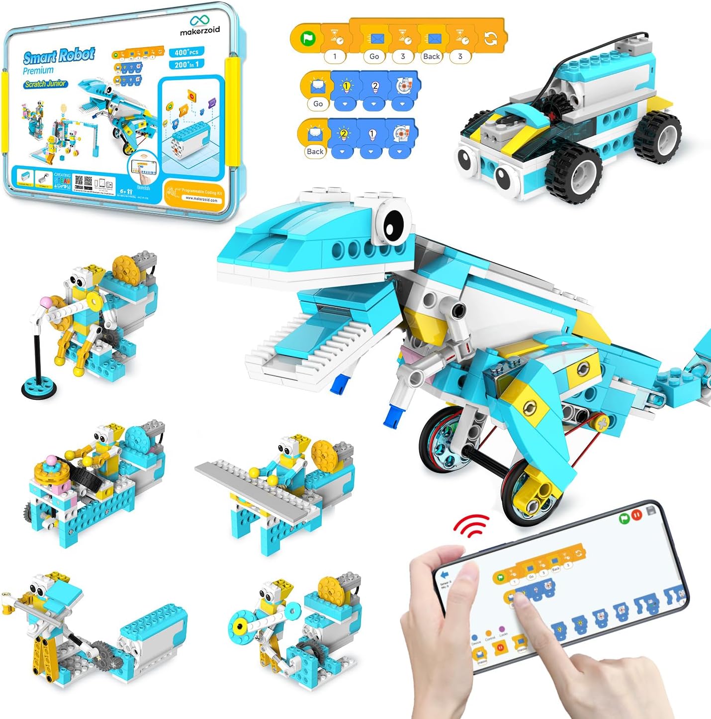 Makerzoid Coding Robot Kit for Kids, 200-in-1 RC Robot Building Toys with Motor Sensor,Scratch JR Coding Set with 36 Video Courses, Birthday for Kids 6+ (400+ Blocks)