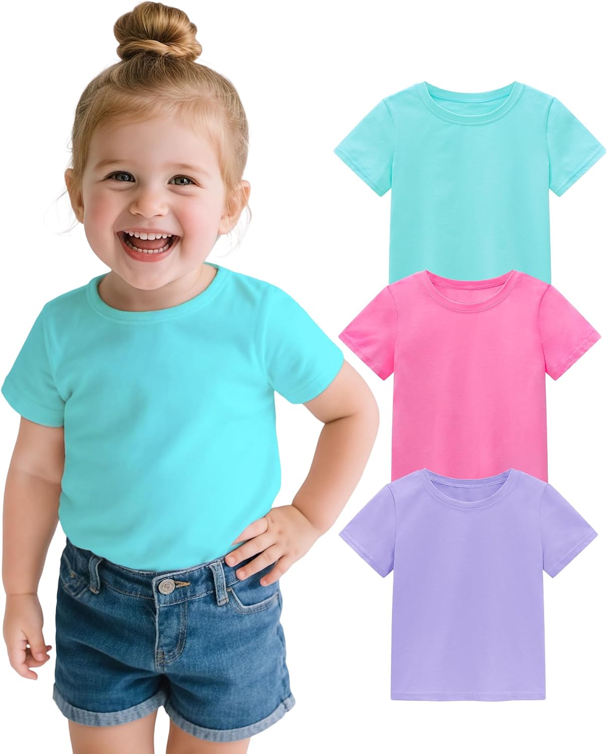 3 Pack Toddler Girls Short Sleeve Shirts Soft Cotton Basic Tee Shirt Size 18M-5T