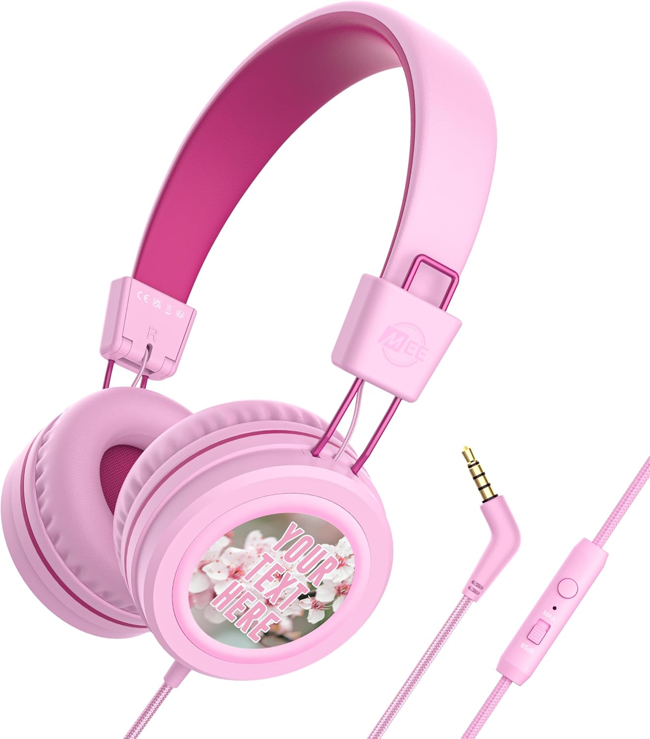 MEE audio KidJamz KJ55 Personalized Wired Headphones for Kids with Custom Full Color Photo Print, 3.5mm Plug Headset, Volume Limiter, & Microphone, Printed Graphics for School, Gift, Travel (Pink)
