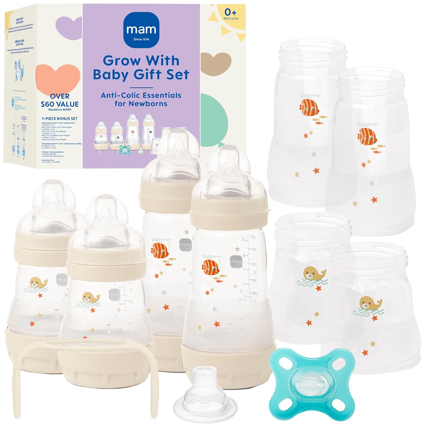 MAM Grow With Baby Anti-Colic Bottle Set – 4 Easy Start Bottles (5oz & 9oz) with Trainer Handles & Spout, Comfort Newborn Pacifier, Extra Bottle Bodies & Nipples | Self-Sterilizing Baby Feeding System